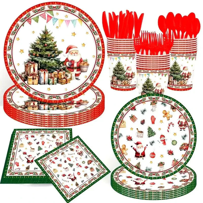 Kit de Talheres para Festa de Natal com 140 Peças – Pratos, Copos e Talheres Descartáveis